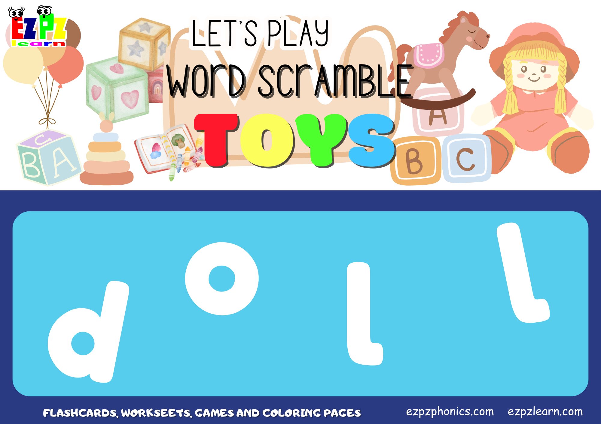 Toys Vocabulary Word Scramble Guessing Game. Great for kids and English language learners.
